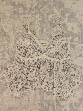 Hollister White Cami with Blue Floral Pattern and Lace Trim